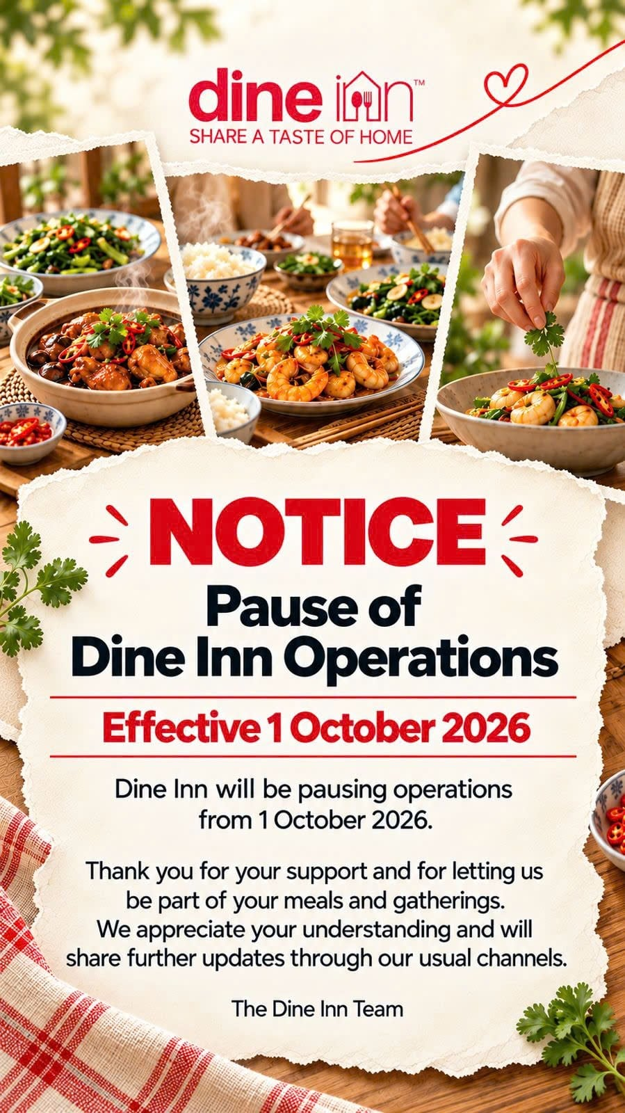 Dine Inn Notice: Pause of Dine Inn Operations, effective 1 October 2026.